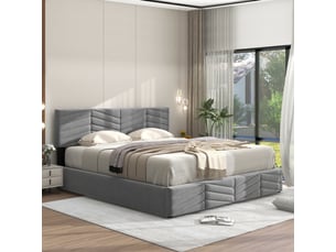 Lit coffre 140 × 200 cm 2 places avec rangement hydraulique et tête réglable, sans matelas, en velours gris
