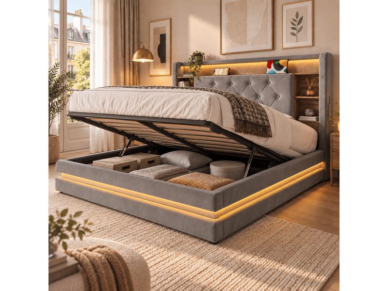  Lit coffre 180x200 lit rembourré avec tête de lit multifonction, led, 2 usb et usb-c, sommier à lattes, velours gris foncé Morn Vibe - Conforama C