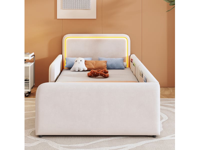  Lit rembourré 90x200 cm avec led et rangements coloris beige  - Conforama E