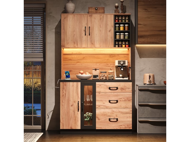  Buffet haut 105x40x180 cm avec éclairage led réglable, buffet de cuisine en couleur bois naturel, buffet salon avec prise électrique  - Conforama B