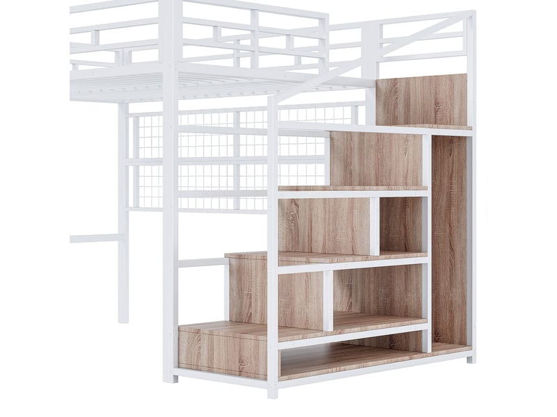  Lit mezzanine, 140 x 200 cm, armoire-échelle, espace ouvert dessous, led 7 couleurs, métal, blanc, sans matelas  - Conforama R