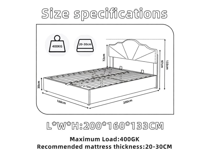  Lit coffre haut avec tête de lit rembourrée beige 160x200cm inclut matelas 160x200cm vérin pneumatique design moderne  - Conforama C