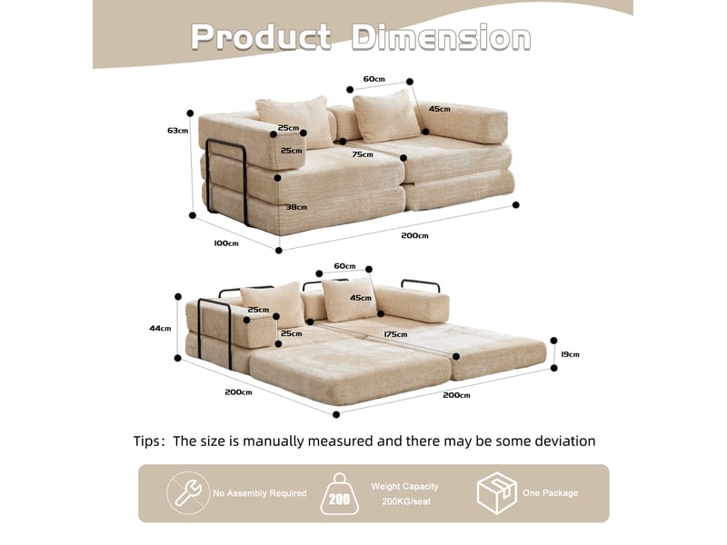  Canapé convertible modenvie modulable 2 places en tissu chenille beige, 200 x 100 x 63 cm  - Conforama C