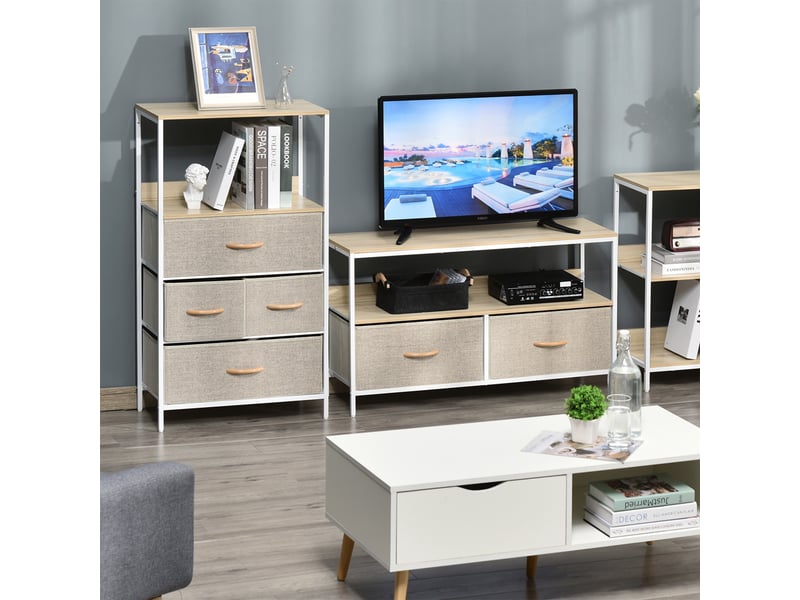  Commode en tissu à 4 tiroirs, compartiment ouvert et structure métallique, idéale pour une chambre ou une entrée, grise.  - Conforama C