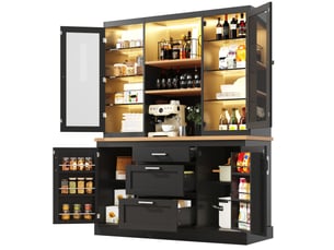 Buffet de cuisine 140x40x185 cm, led rgb pilotage app, 3 tiroirs, portes vitrées, étagères réglables, mdf métal, noir