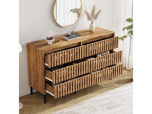 Commode 6 tiroirs - 120x40x81cm - buffet bas de rangement en bois effet lattes ajourées, pieds métal - chêne naturel