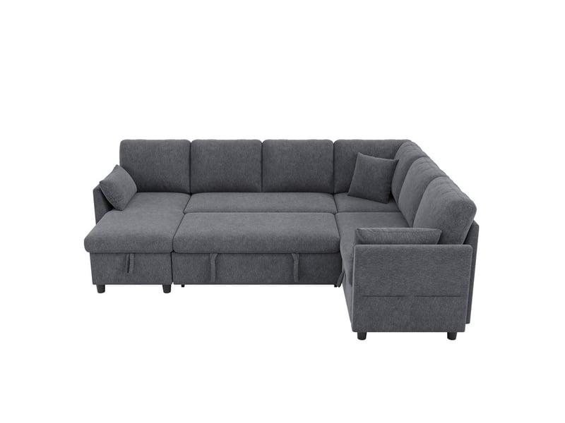 Canapé d'angle convertible,6 places, avec espace de rangement et poches latérales pour accoudoirs,370 x 147 x 81cm,gris  - Conforama A