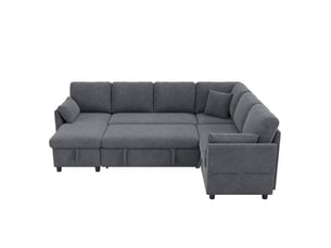 Canapé d'angle droit convertible <strong>BGSRYAO</strong> <strong></strong> 6 places Coton / Lin gris avec coffre de rangement