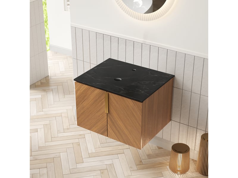 Meuble sous vasque avec 2 portes et plan en pierre frittée noire, finition chêne, pour salle de bain, 61 cm - Conforama C
