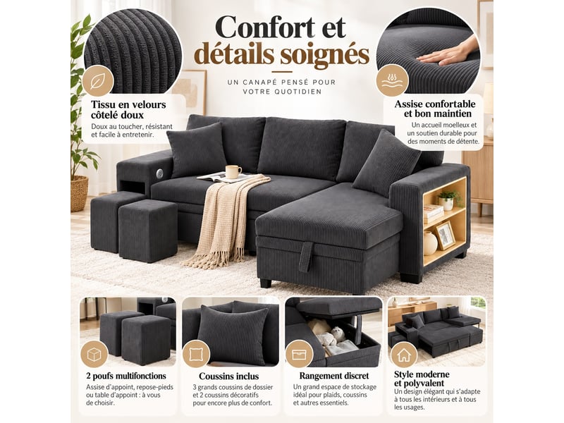  Canapé d'angle réversible convertible 3 places avec coffre, ports usb-c, étagères et 2 poufs, velours côtelé gris, 231 cm  - Conforama D