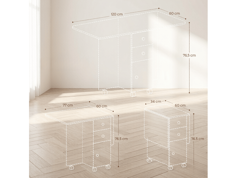 Table de salle à manger pliante avec tiroirs et rangement sur roulettes freinées, gris 120 × 60 × 76,5 cm - Conforama C