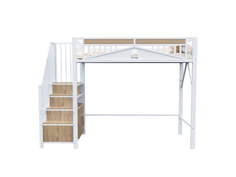 Lit mezzanine enfant 90x200 cm – blanc – escalier avec rangements et garde-corps à fenêtre – sans matelas - Conforama A