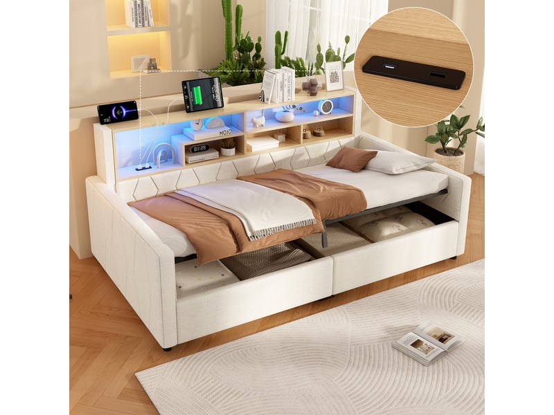  Lit coffre hydraulique 90x200 cm avec rangement, tête de lit avec étagère, led multicolore, usb-c, usb et prise intégrée - lin beige  - Conforama D