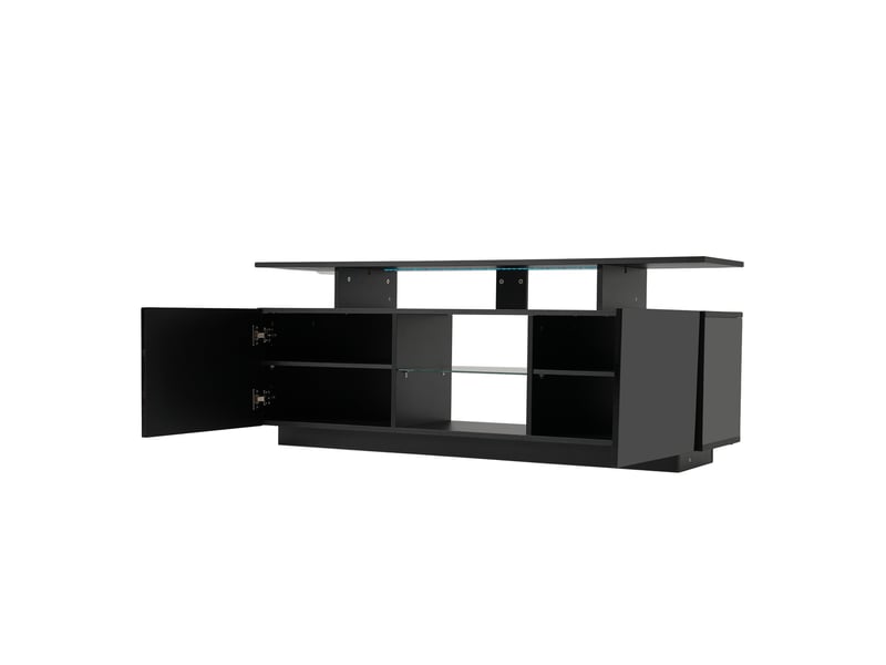  Meuble tv noir avec led 16 couleurs 140 cm, portes haute brillance et niche en verre pour tv jusqu'à 60 pouces  - Conforama E