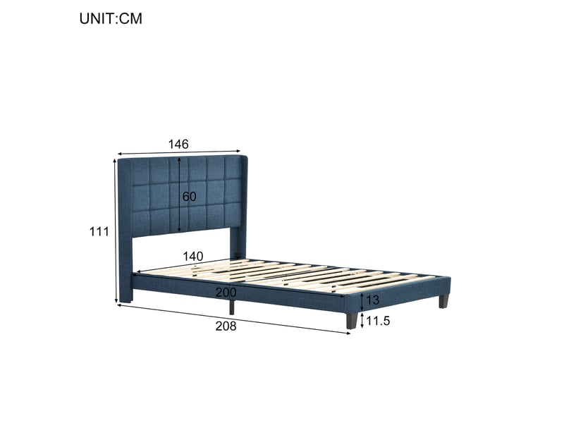  Lit rembourré 140 × 200 cm 2 places avec tête de lit et sommier, matelas à ressorts inclus, en lin bleu, h3  - Conforama D