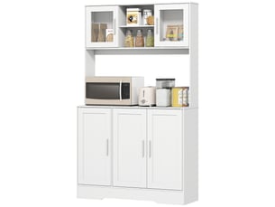 Meuble de cuisine scandinave avec placards, compartiments ouverts, portes vitrées et plan de travail, blanc