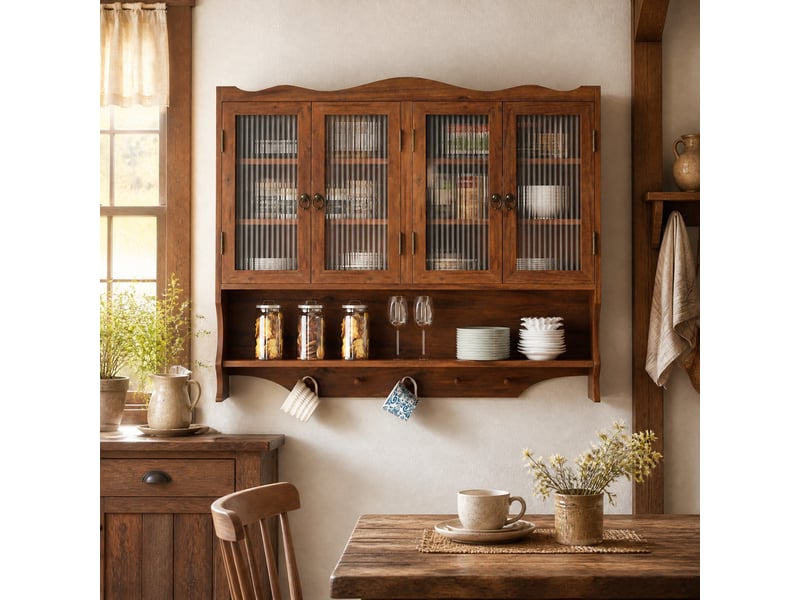  Armoire murale 4 portes avec étagères amovibles et crochets, pour cuisine, bois et verre marron, 100 × 20 × 80 cm  - Conforama D