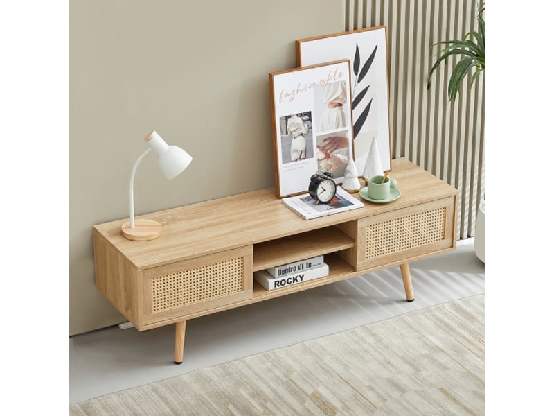 Meuble tv rotin tressé, portes coulissantes, rangement, étagères réglables, pieds bois – bois naturel, h45 l140 p40 cm  - Conforama B