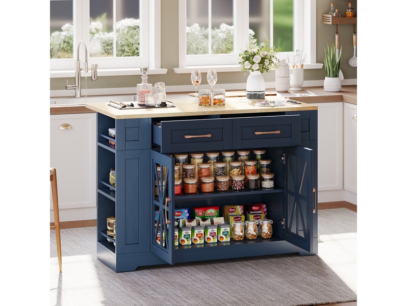 Îlot de cuisine mobile 120x40(65)x92 cm bleu et naturel avec tablette rabattable - Conforama E