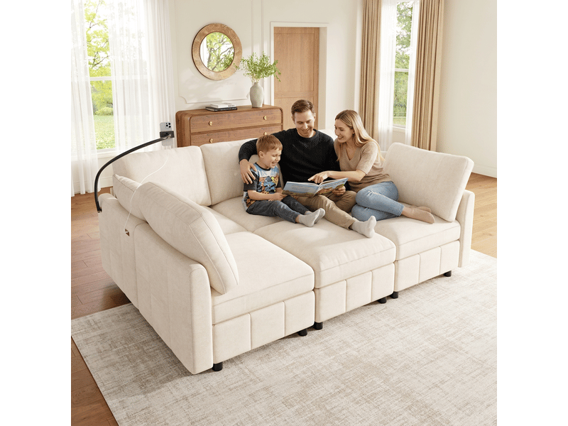  Canapé d'angle convertible 6 places 218x157x85 cm en ul avec pouf mobile, 2 coussins, charge rapide usbusb-c 24 w, porte-téléphone, chenille, beige Seren Glow - Conforama D