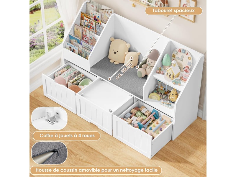  Meuble rangement enfant bibliothèque enfant avec banc 9 étagères 3 tiroirs roulants coussin amovible rangement jouet 140x39.5x80cm blanc  - Conforama D