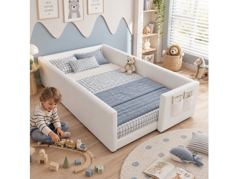  Lit enfant 90x200 cm bas rembourré avec poche latérale blanc  - Conforama B