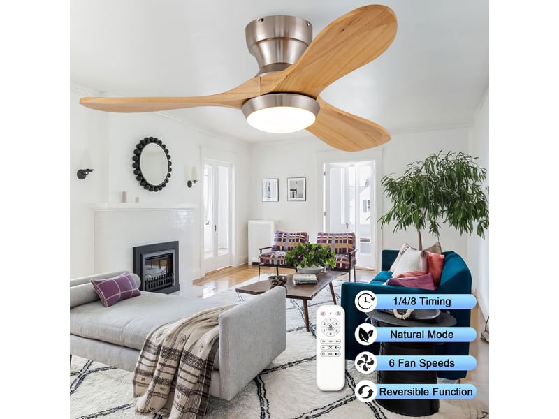  Ventilateur de plafond 90 cm sans éclairage 3 pales bois massif naturel réversible 6 vitesses télécommande silencieux  - Conforama D