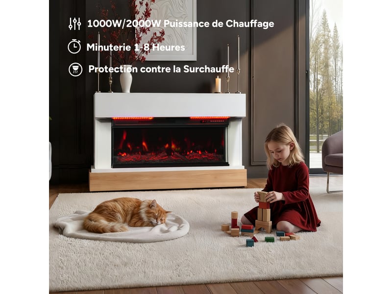  Homavo 36'' cheminée électrique, 10002000w, flamme 3d, bandeau led, télécommande, minuterie, sécutité surchauffe, meuble incluse  - Conforama C