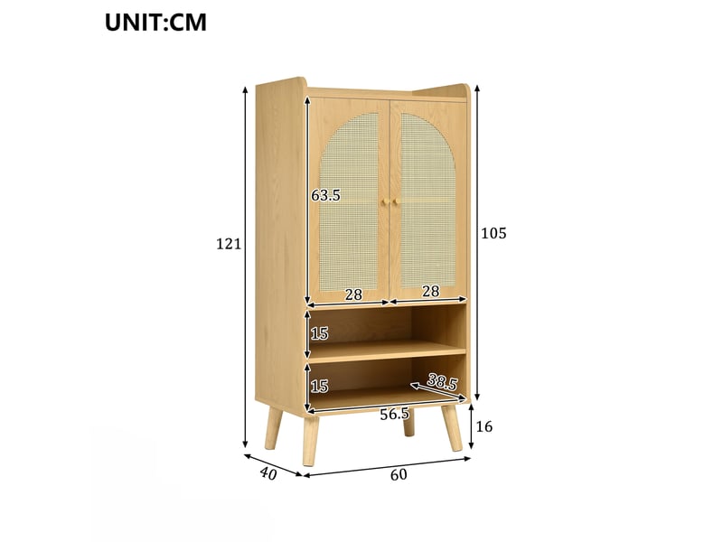  Buffet haut 60x40x121 cm, 2 portes en rotin, 2 niches, coloris naturel  - Conforama C