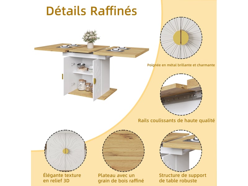 Table extensible rectangulaire 110-140 x 70 cm – blanc et bois clair – 2 étagères de rangement intégrées - Conforama E
