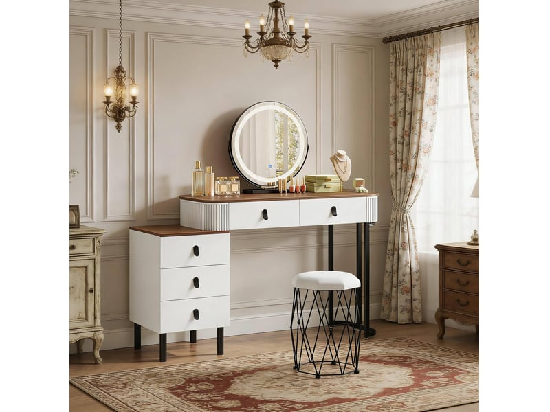 Coiffeuse 125x40x100 cm blanc et marron en mdf, bois et métal, 5 tiroirs, miroir led réglable - Conforama B