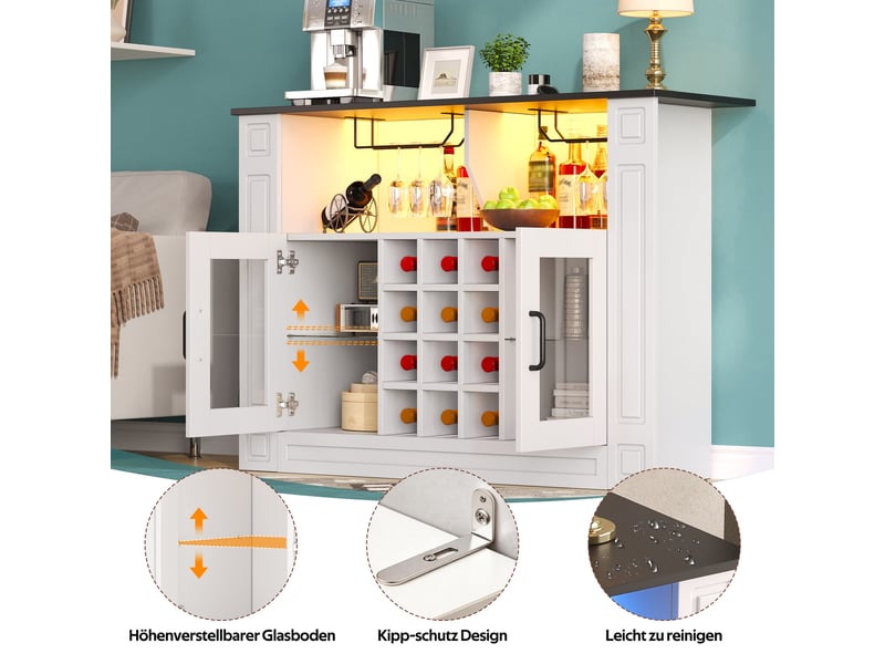 Meuble bar avec 12 casiers à bouteilles, porte-verres et éclairage led multicolore pour cuisine en mdf 120×35×84 cm - Conforama E