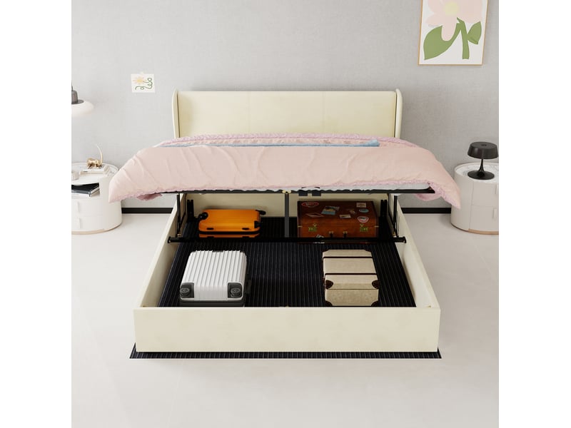  Lit coffre 2 places 160x200 cm avec tête de lit rembourrée, beige  - Conforama D