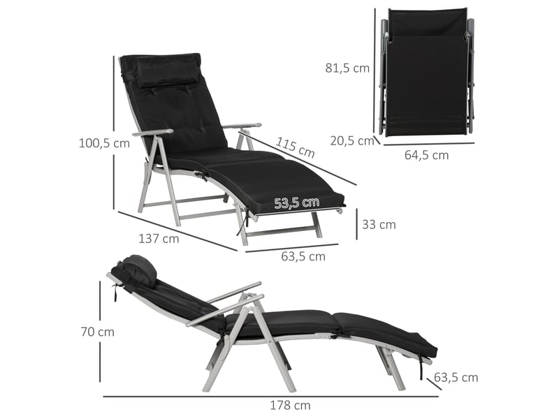  Transat pliant ulevr réglable 7 positions, résistant aux intempéries, avec coussin, texteline et métal, noir, 137 x 63,5 x 100,5 cm  - Conforama C