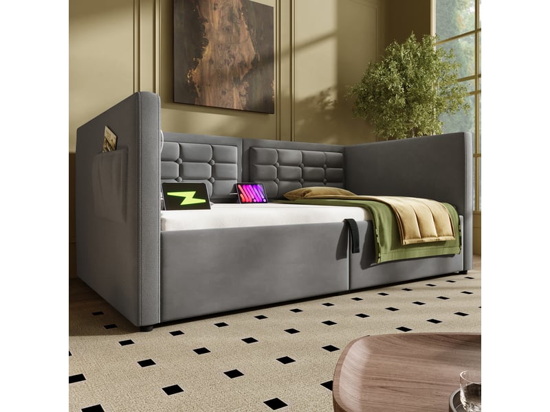  Lit coffre gris 90 x 200 cm en velours avec sommier relevable à vérins  - Conforama W