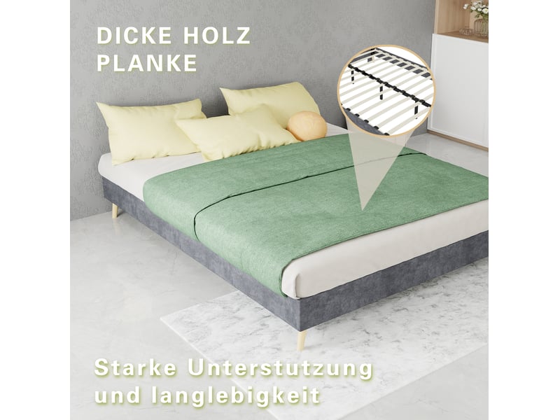  Lit adulte 140 × 200 cm 2 places avec tête de lit haute et espace sous lit, sans matelas, velours gris  - Conforama E
