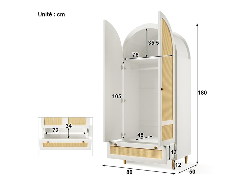  Armoire 1 penderie et 1 tiroir en mdf et rotin blanc 80 x 50 x 180 cm  - Conforama C