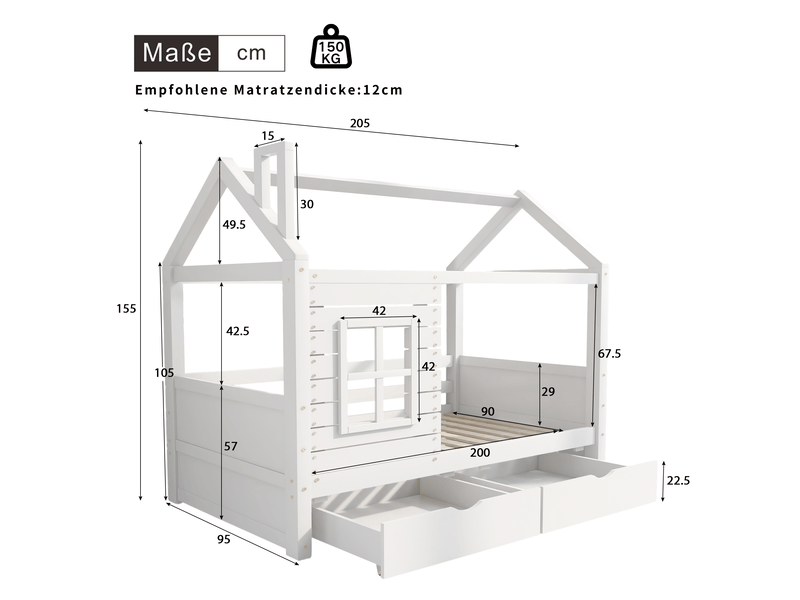  Lit cabane enfant 90x200 bois massif blanc avec tiroirs de rangement et barrière  - Conforama C