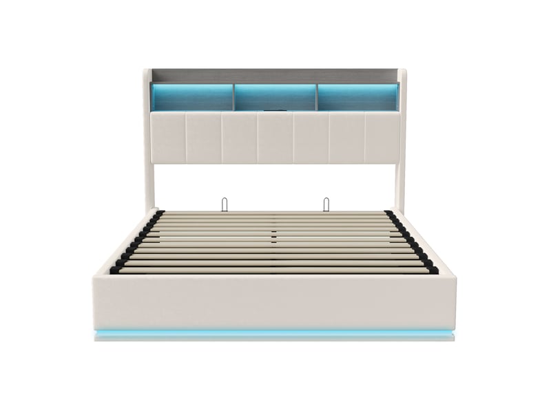  Lit coffre 2 places 140x200 cm, lit adulte avec rangement, 3 compartiments en tête de lit, led, velours beige  - Conforama W
