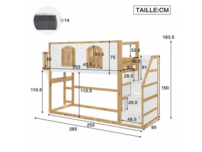  Lit mezzanine enfant, lit simple avec escalier à rangements, fenêtres et garde-corps, 90x200 cm, sans matelas  - Conforama D