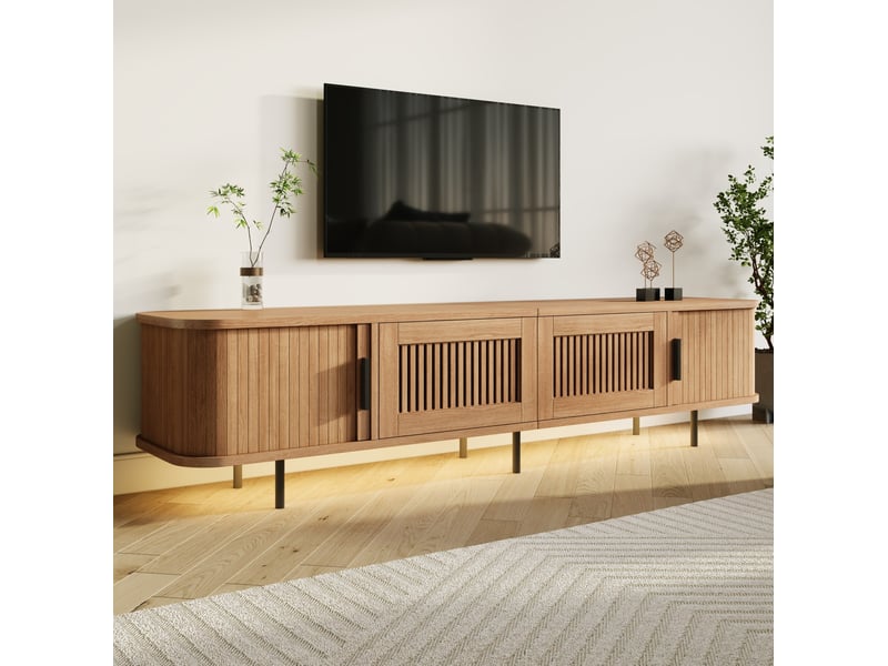  Meuble tv bas 180 x 40 x 44,5 cm – naturel – portes coulissantes, led app et rangements intégrés  - Conforama D