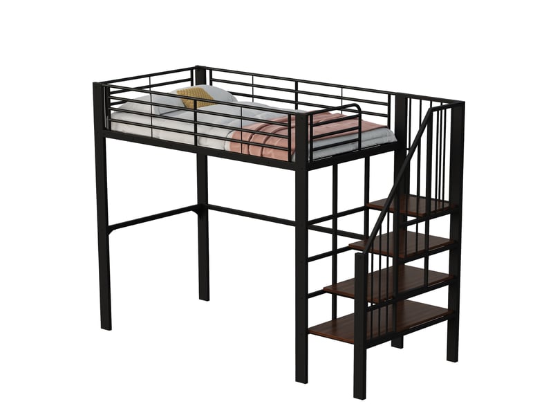 Lit mezzanine 90x200 en métal avec escalier et espace de rangement, cadre robuste pour adulte et enfant, noir - Conforama C