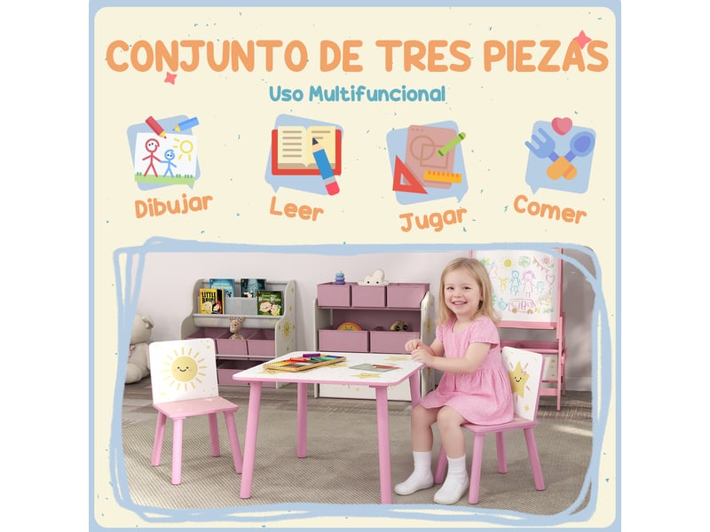  Ensemble table et chaises pour enfants 3 pièces, table et 2 chaises en pin pour enfants de 3 ans et plus, 60 x 60 x 44 cm, rose  - Conforama E