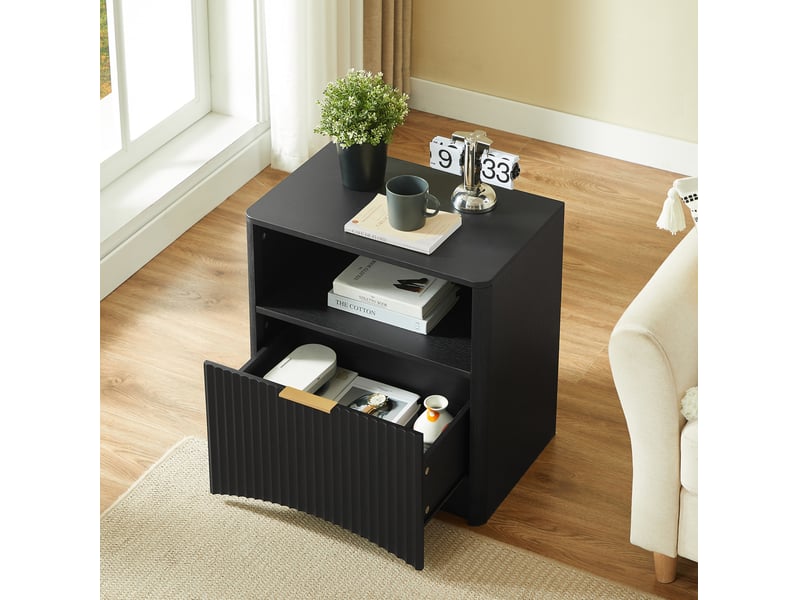  Table de chevet 58x38x60 cm, tiroir ouvert, chevet moderne, chambre et salon, meuble chambre et salon, aggloméré, noir  - Conforama E