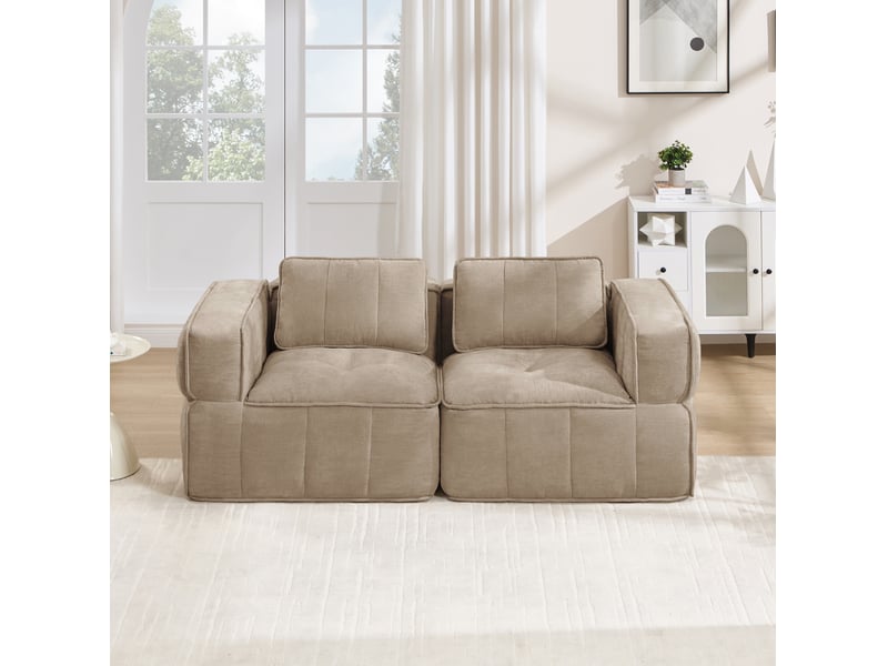  Canapé droit modulable 2 places sans montage avec assise profonde et accoudoirs larges en polyester sable  - Conforama D