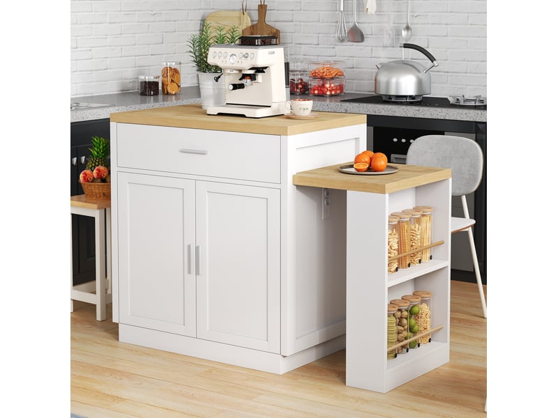  Desserte de cuisine avec table extensible, 2 tiroirs, placard et étagères, prises et ports usb, 188 × 55 × 92 cm  - Conforama C