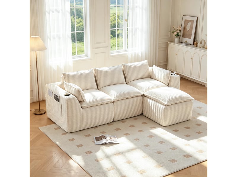  Canapé modulable compression d'angle en l,256x161x75cm,velours côtelé,canapé 3 places avec pouf,porte-gobelets,poches latérales,sans montage,beige  - Conforama B