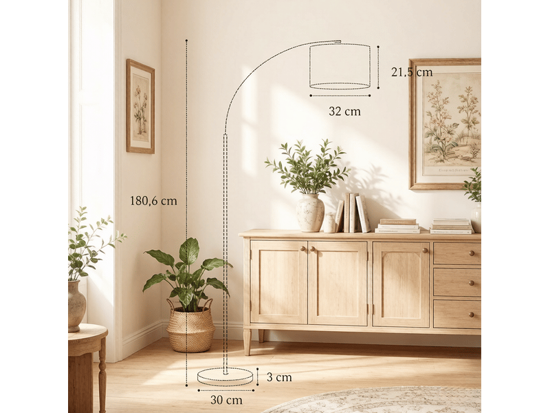  Lampadaire arqué 104,2 x 32 x 180,6 cm en métal et tissu avec télécommande noir et crème chicfurn  - Conforama D