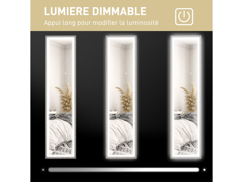  Grand miroir pleine longueur, miroir mural ou sur pied rectangulaire, gris, 40 x 160 cm avec éclairage led 3 couleurs  - Conforama E