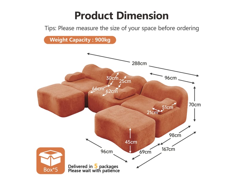  Canapé panoramique en u modulaire avec assise profonde et ottomans, en velours orange  - Conforama E